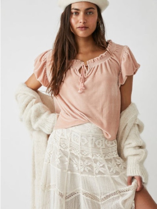 Free People Tops - Free People Dusty Blush Ruffle Tie-Neck Top
